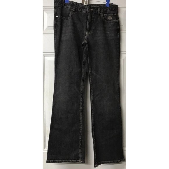 EUC Harley Davidson Women's Distressed Boot Cut Jeans Size 8P, Black Washed, Y2K - Picture 1 of 7